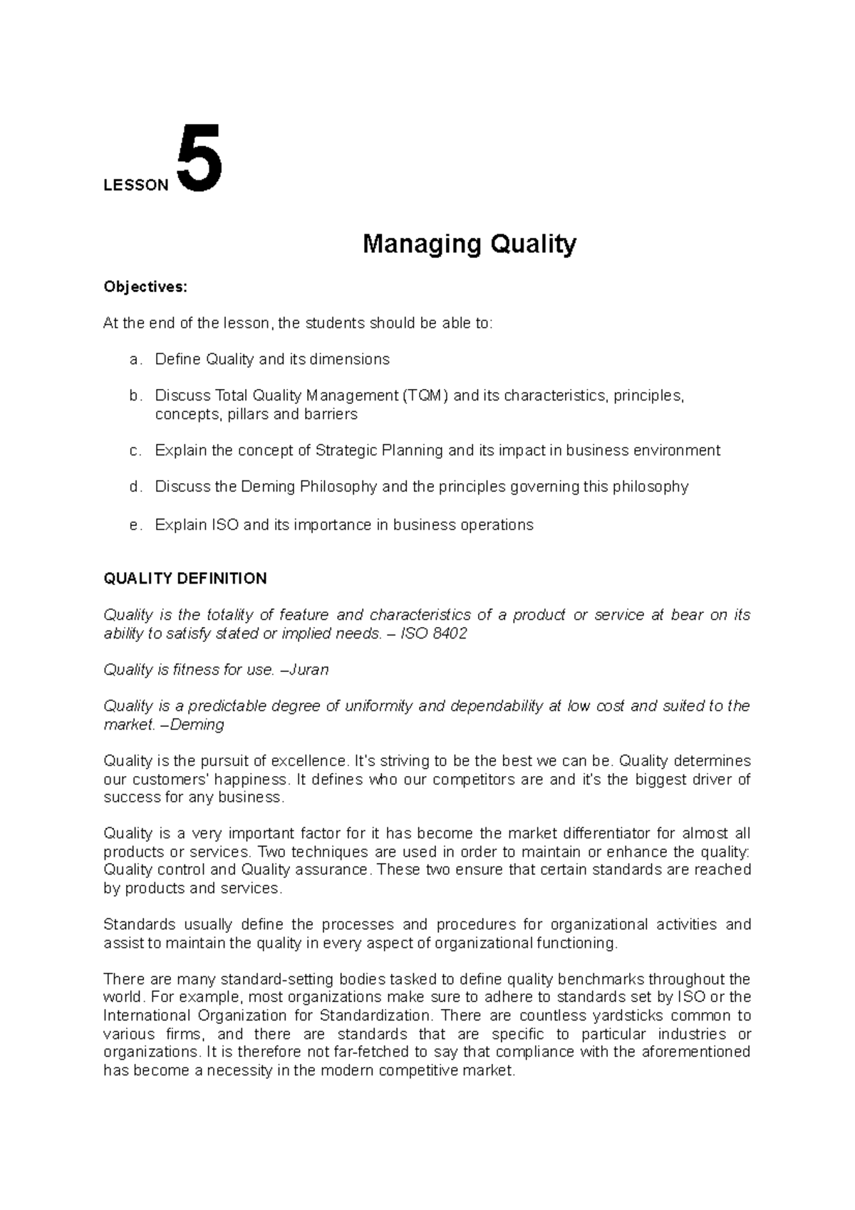 BME1 Operations Mgt Chapter 5 - LESSON 5 Managing Quality Objectives ...