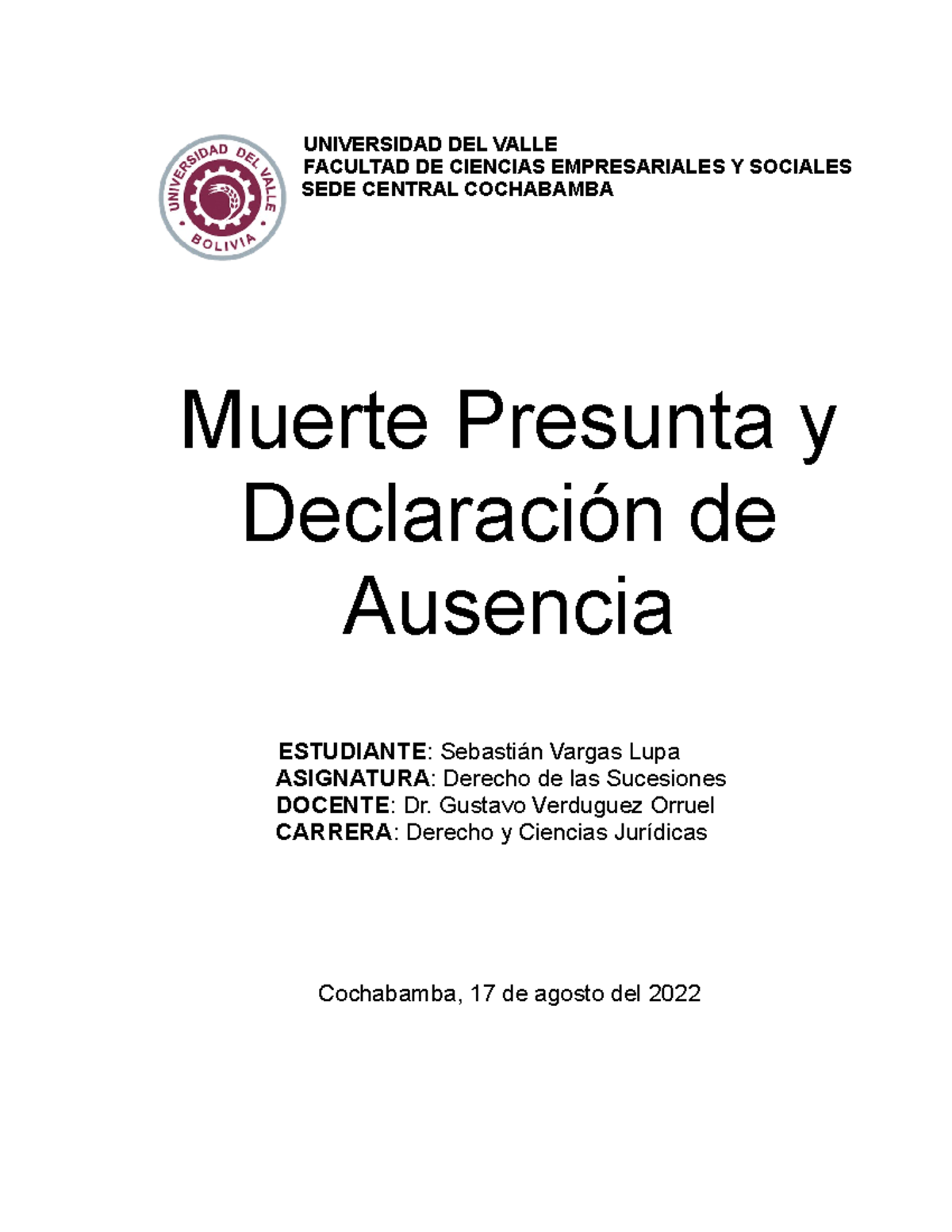 Muerte Presunta Y Declaración De Ausencia - UNIVERSIDAD DEL VALLE ...