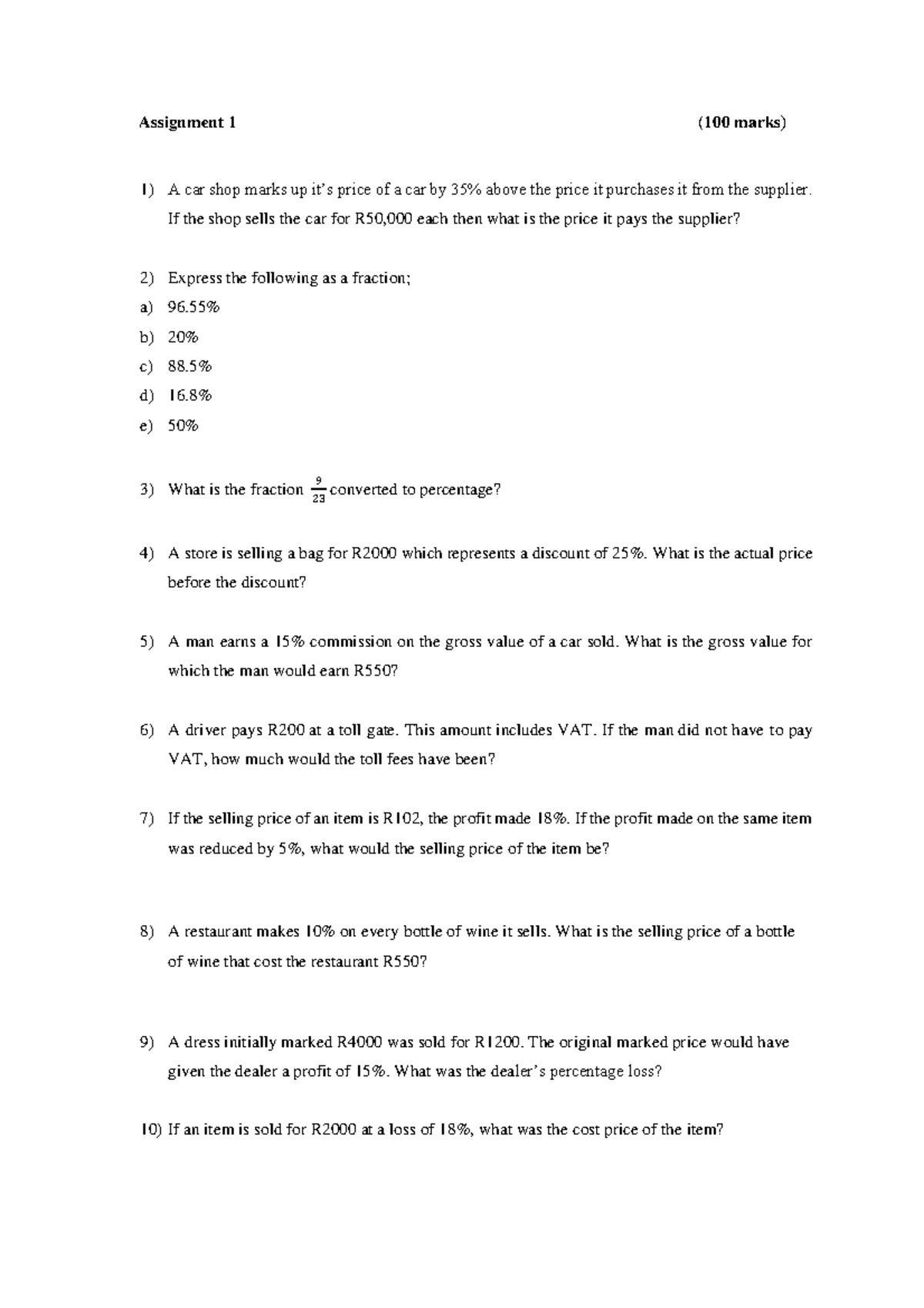 Assignment 1. (2021)docx - Assignment 1 (100 marks) A car shop marks up ...