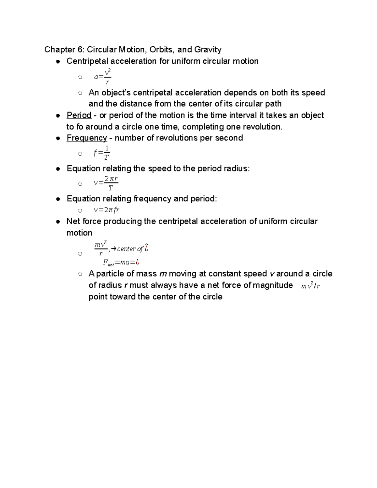 Chapters 6-8 Notes Combined - Chapter 6: Circular Motion, Orbits, and ...