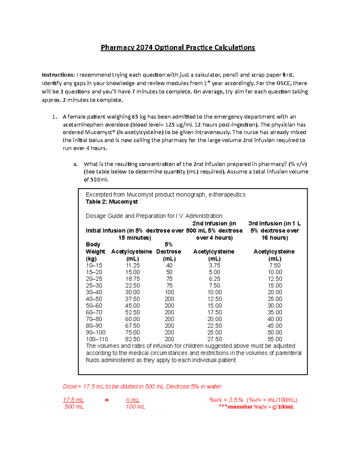 Practice Calculation Questions Pharmacy 2074 Optional Practice