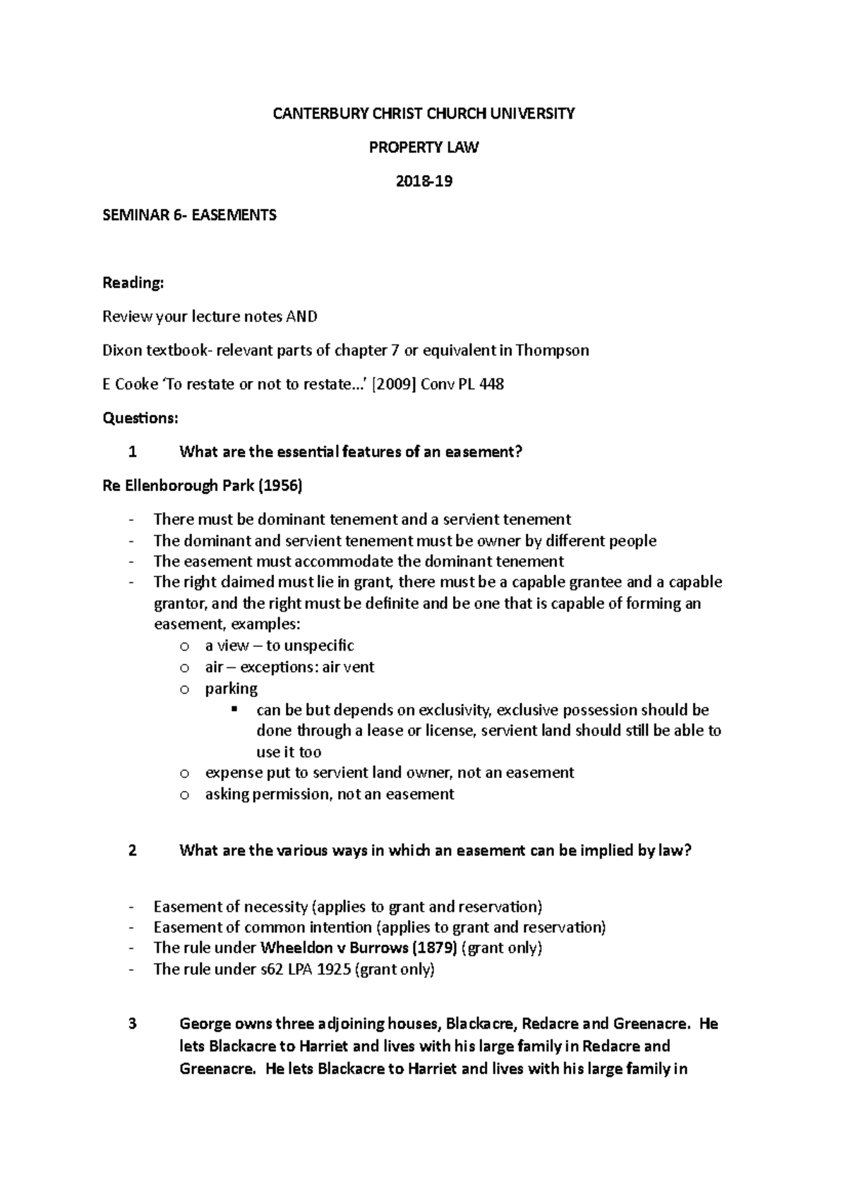 S6 - Easements - CANTERBURY CHRIST CHURCH UNIVERSITY PROPERTY LAW 2018 ...