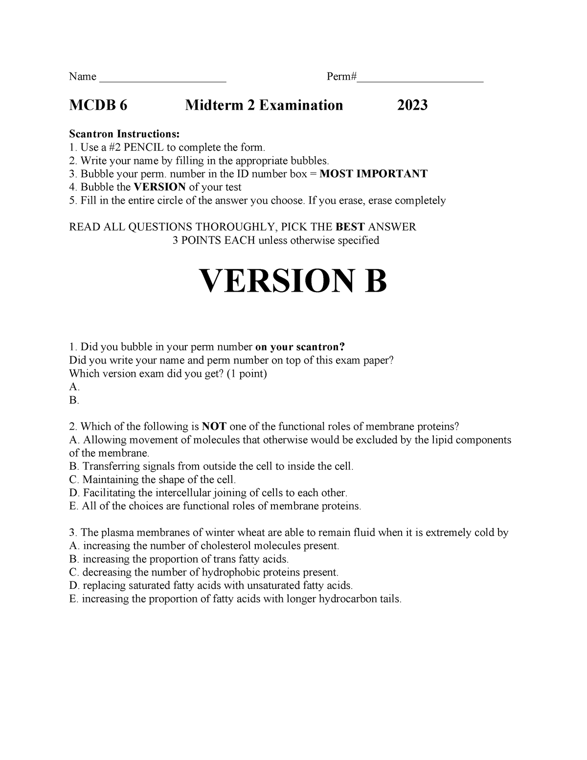 Midterm 2 Version B - Name ______________________ Perm ...