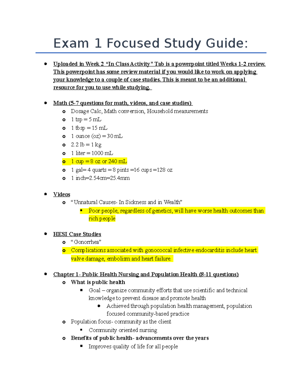 Exam 1 Focused Study Guide - Exam 1 Focused Study Guide: Uploaded In ...