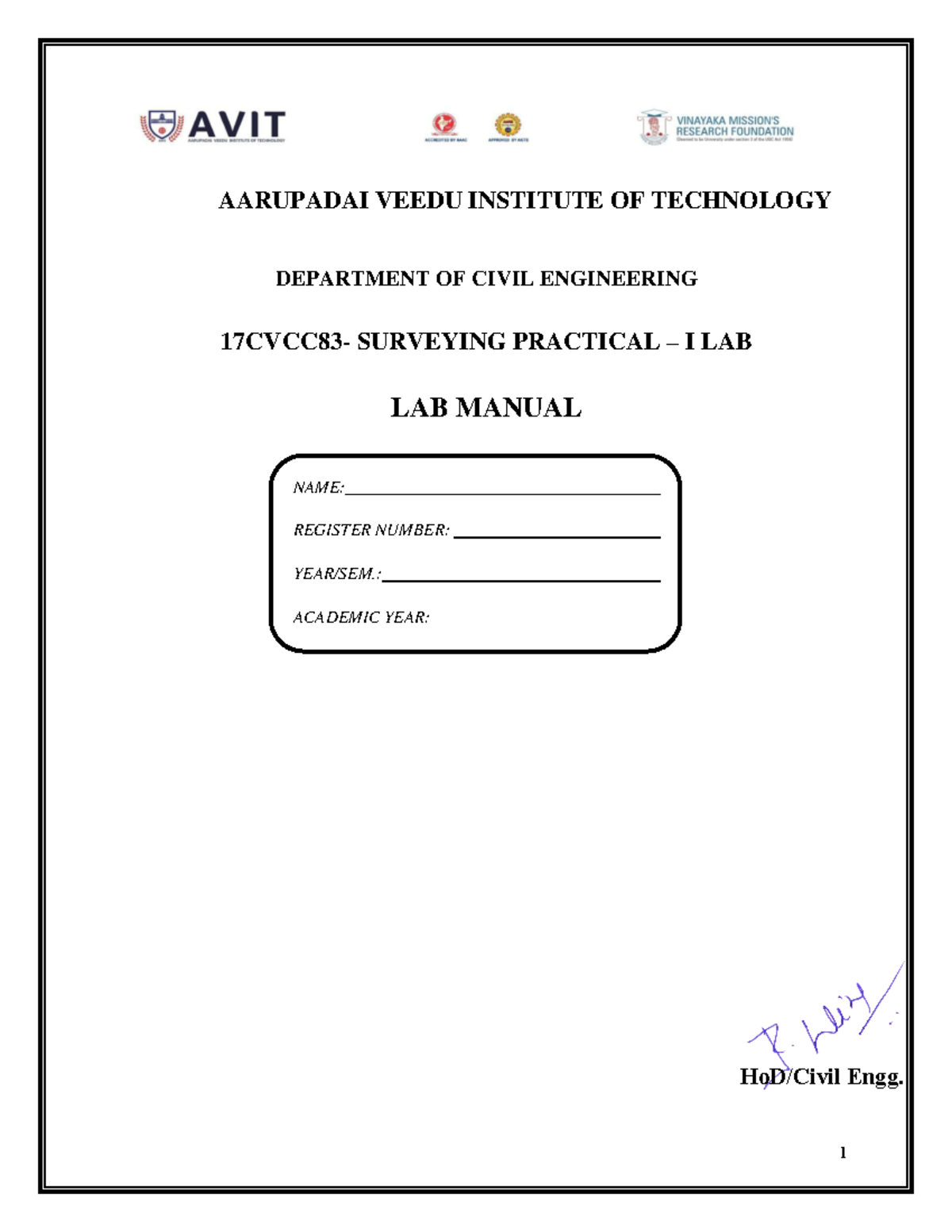 Lab manual - NAME: REGISTER NUMBER: YEAR/SEM.: ACADEMIC YEAR: AARUPADAI ...