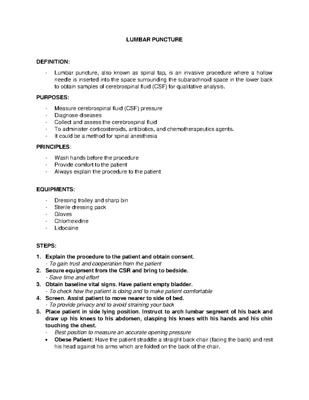 Catheterization - ASS - NOTES - LUMBAR PUNCTURE DEFINITION: Lumbar ...