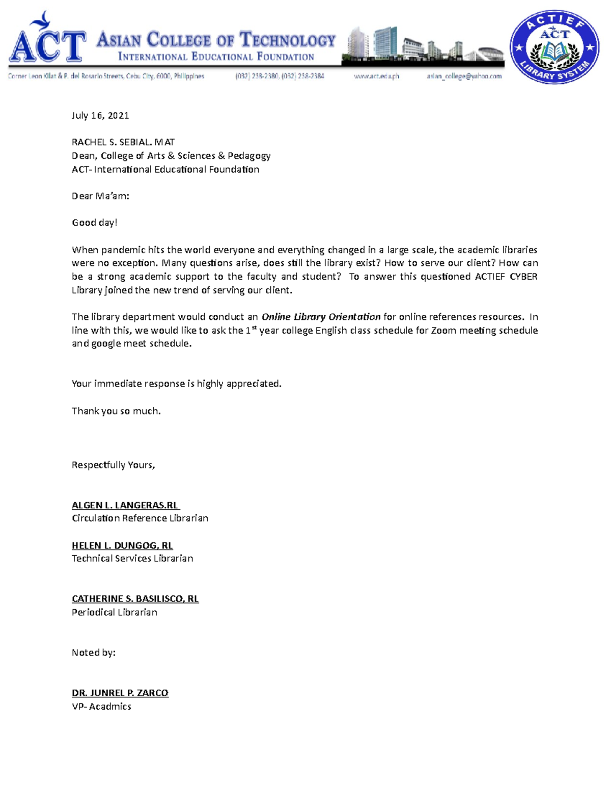 Letter - This will help you. - July 16, 2021 RACHEL S. SEBIAL. MATDean ...