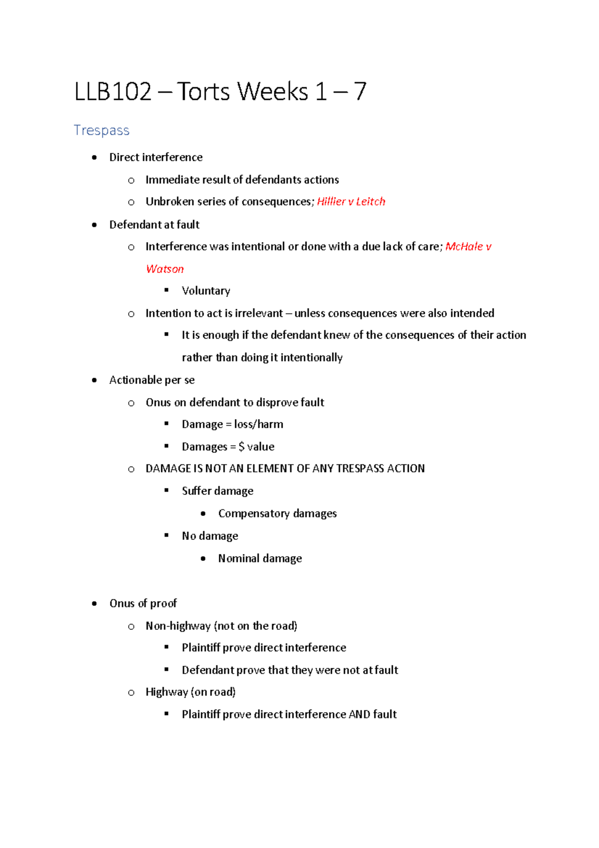 LLB102 Wk 1-7 - Notes - LLB102 3 Torts Weeks 1 3 7 Trespass Direct ...