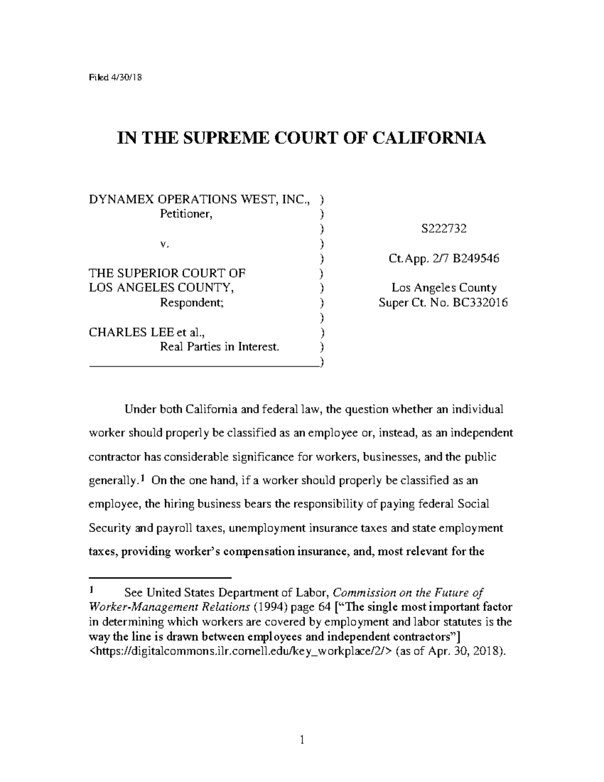 VS California Supreme Court 30 April 2018 , Dynamex - Filed 4/30/ IN ...