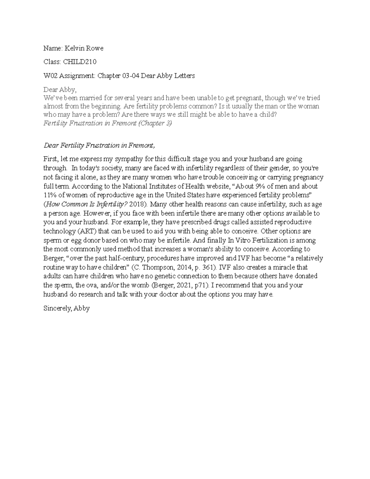 W02 Assignment Chapters 0304 Dear Abby Letters Name Kelvin Rowe