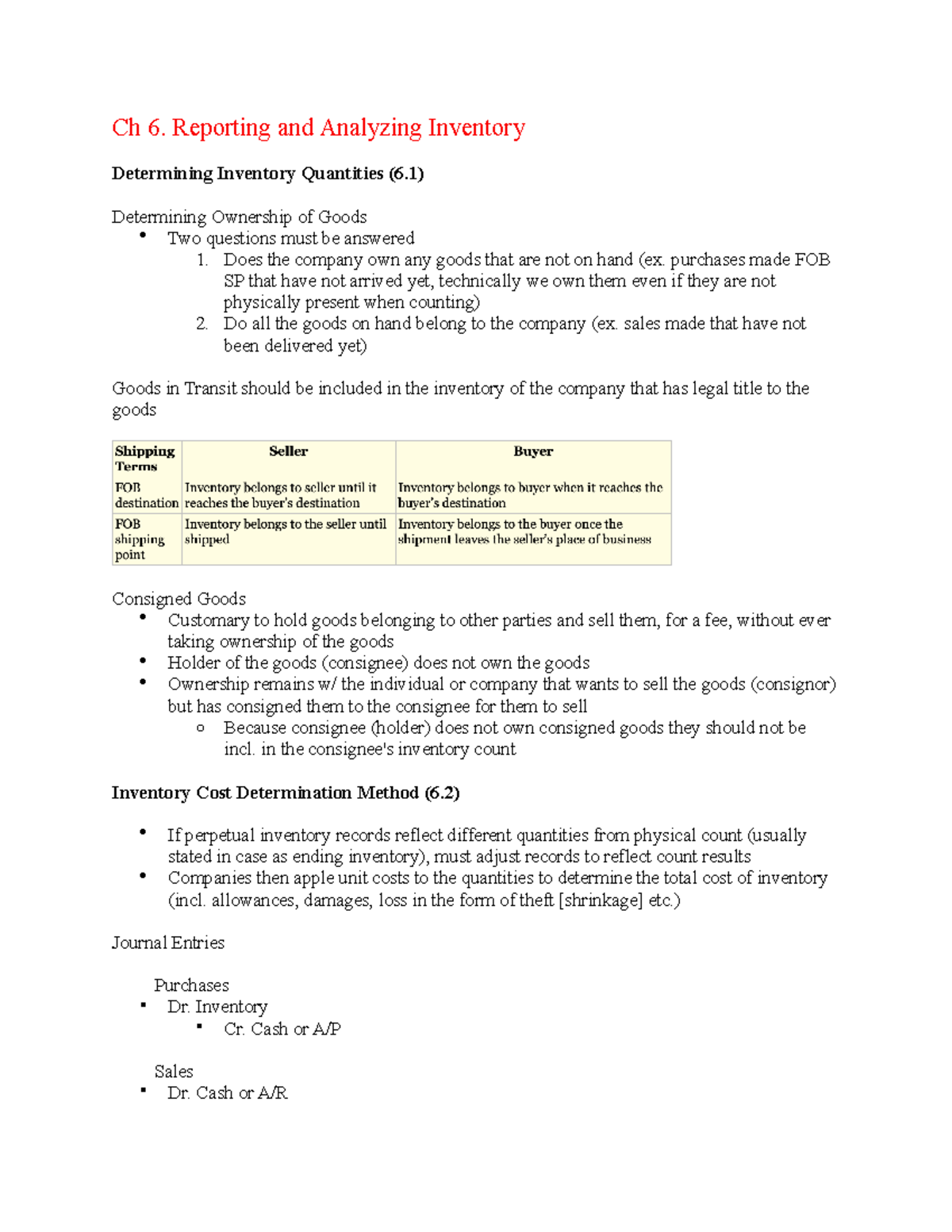 Textbook Notes Ch 6 - Ch 6. Reporting And Analyzing Inventory ...