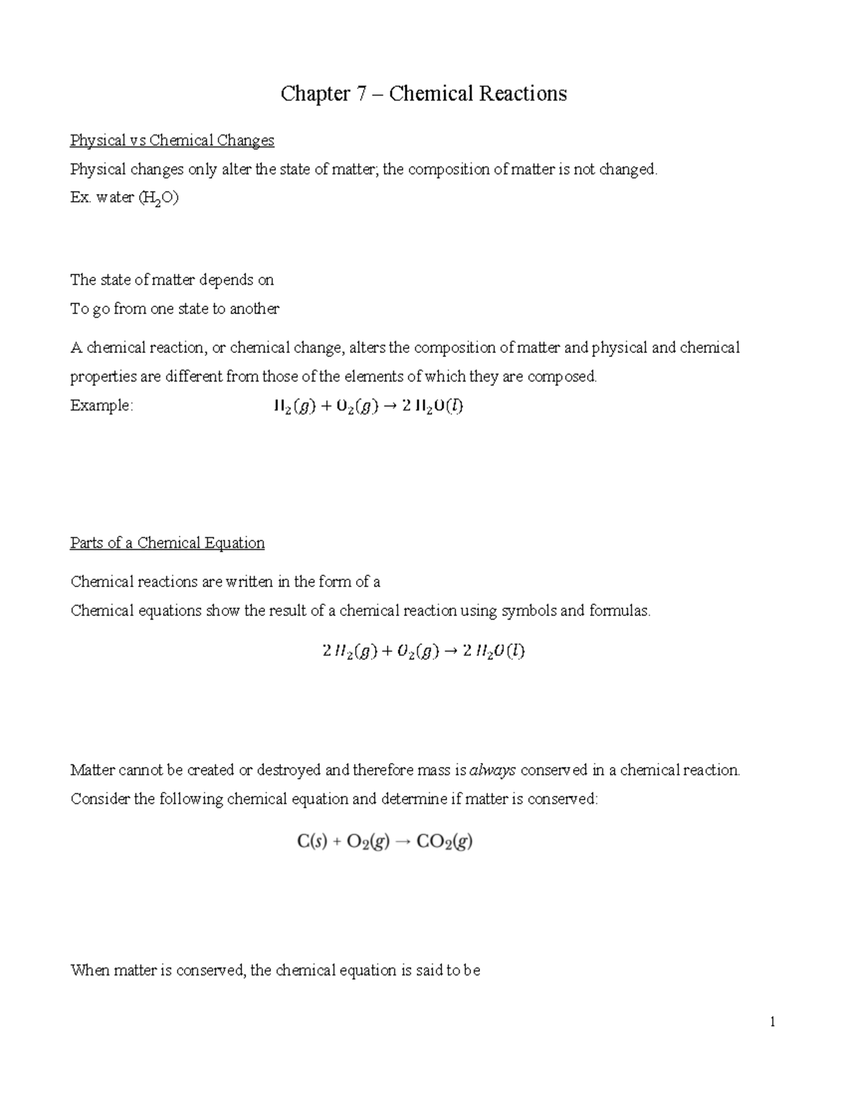 Chapter 7 Guided Notes - Chapter 7 – Chemical Reactions Physical vs ...