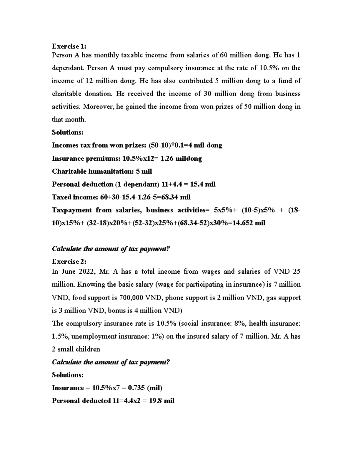 Exercise EIT and PIT - Exercise 1: Person A has monthly taxable income ...