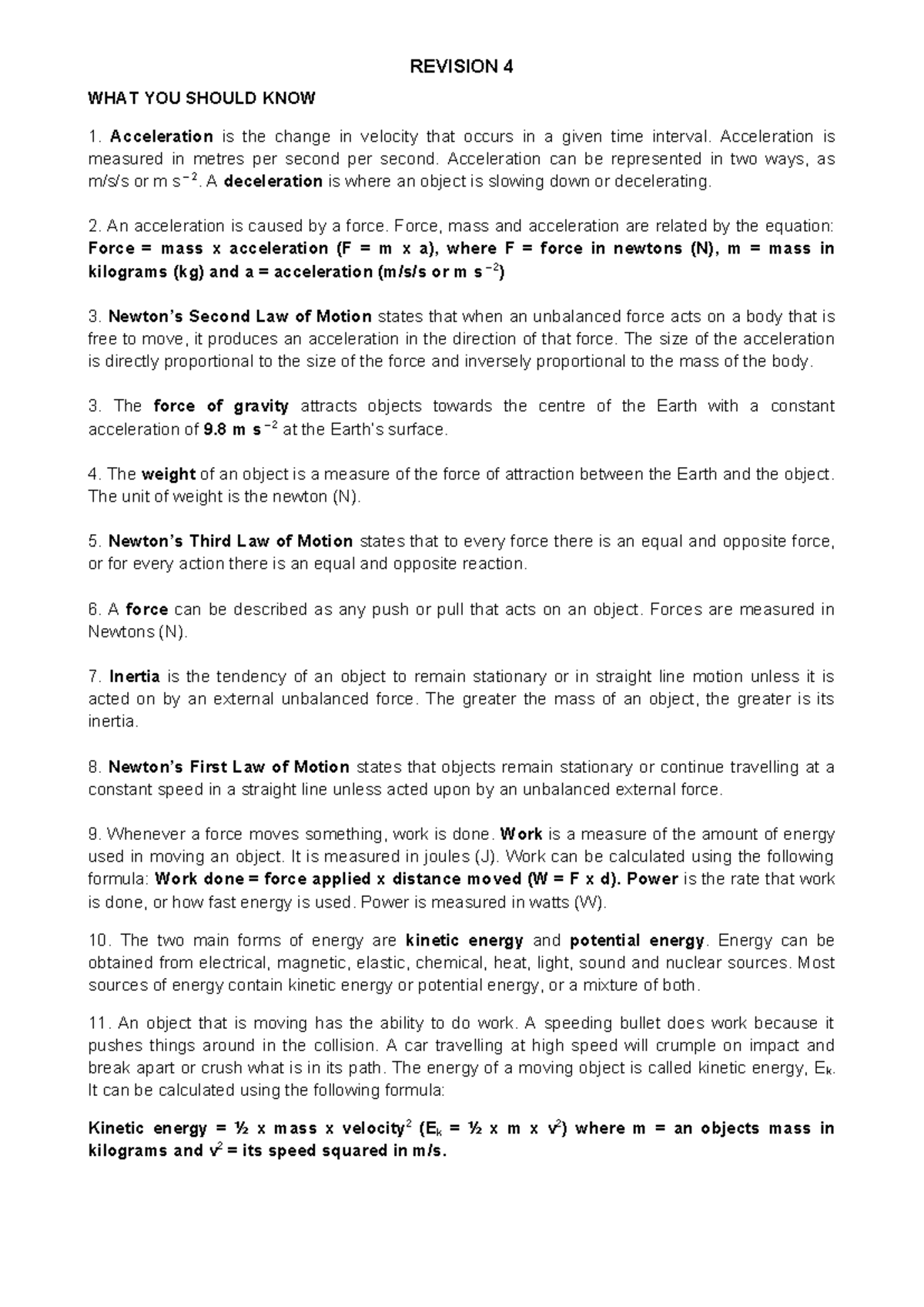 Revision 4 - notes and questions - WHAT YOU SHOULD KNOW 1. Acceleration ...