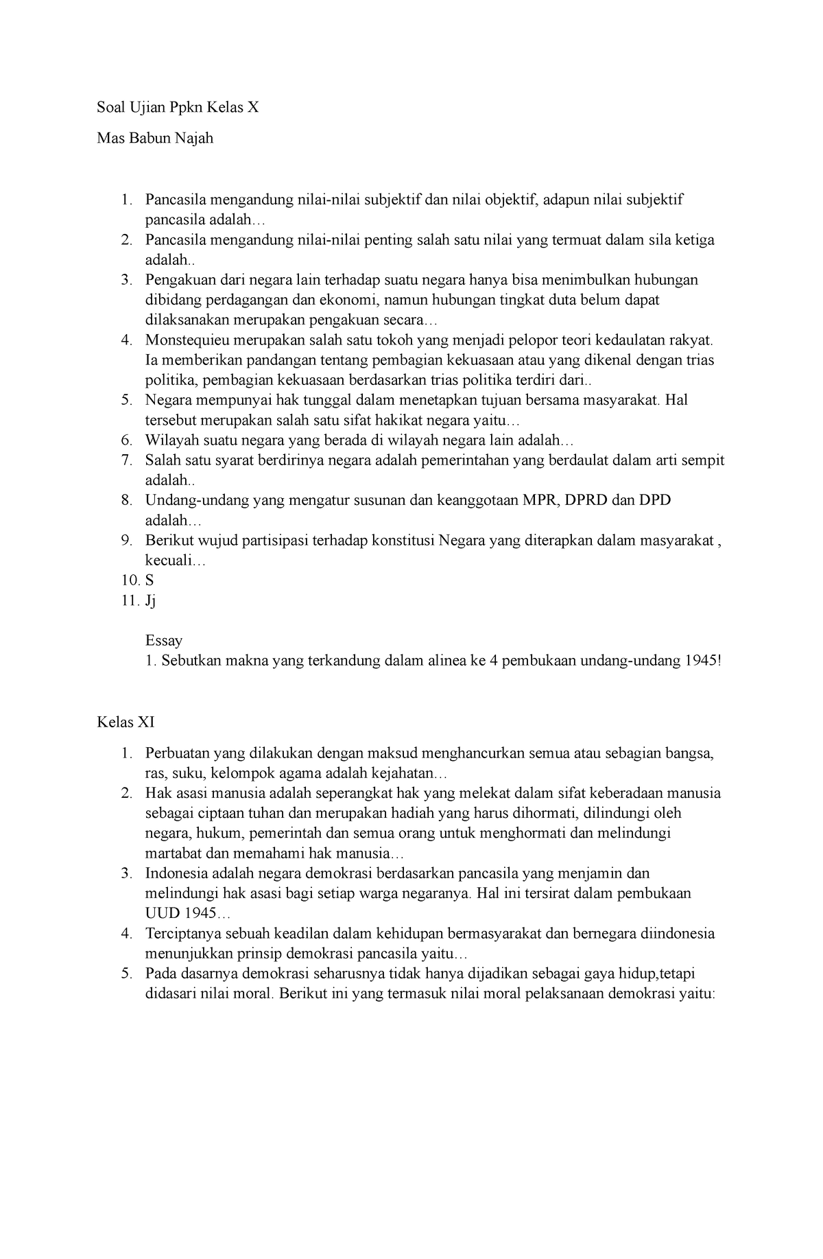 Soal Ujian Ppkn Kelas X, XI, XII 2022 - Soal Ujian Ppkn Kelas X Mas ...