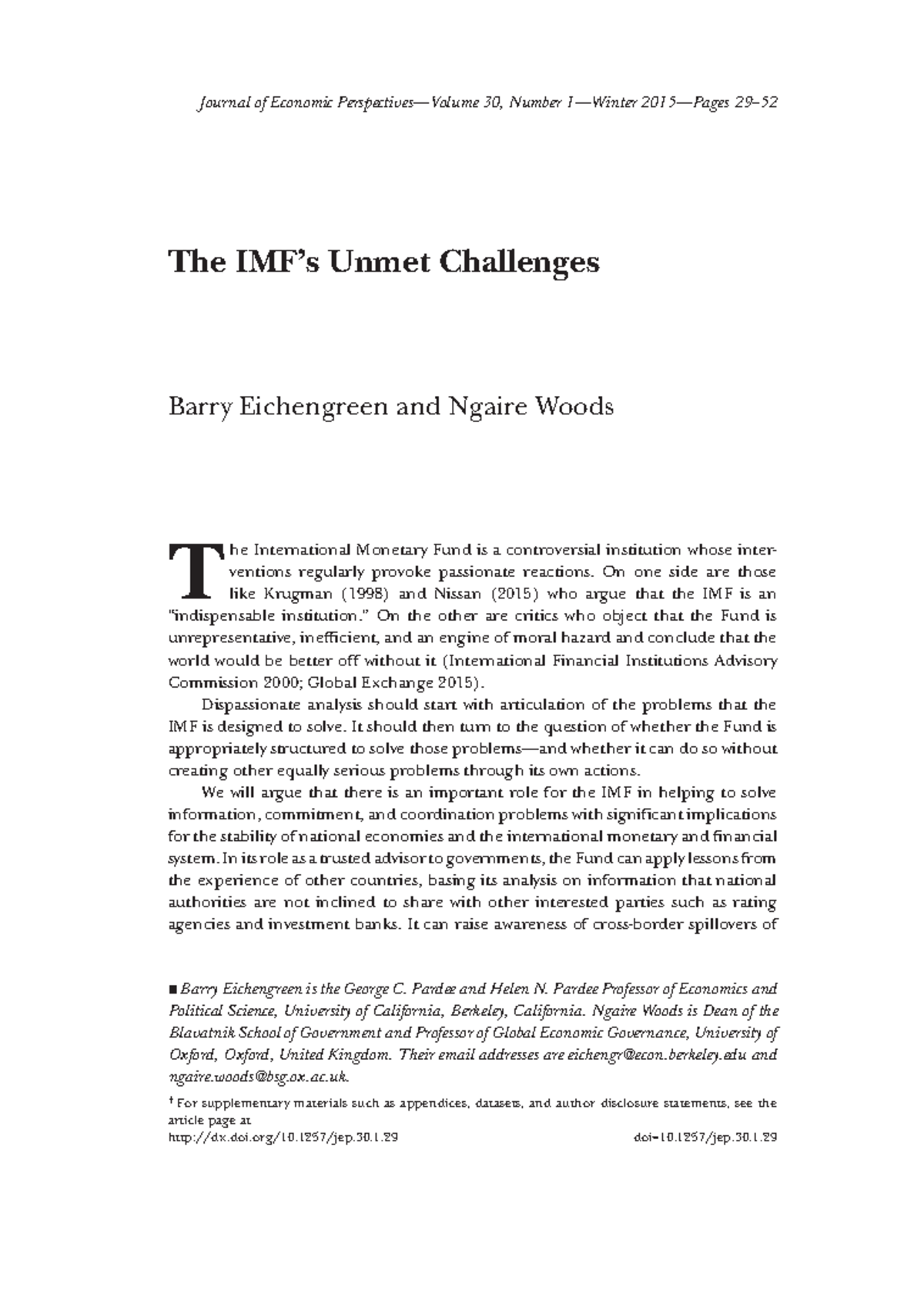 5 - JEP - The IMFs Unmet Challenges - Journal Of Economic Perspectives ...