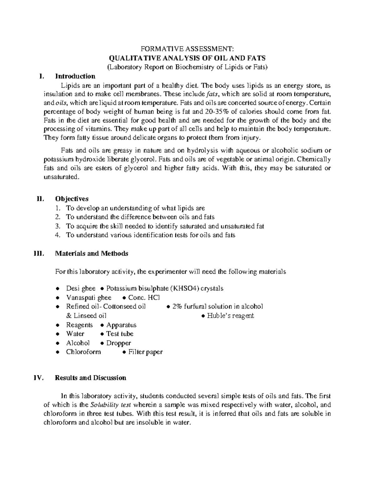 Laboratory Report on Biochemistry of Lipids or Fats Introduction