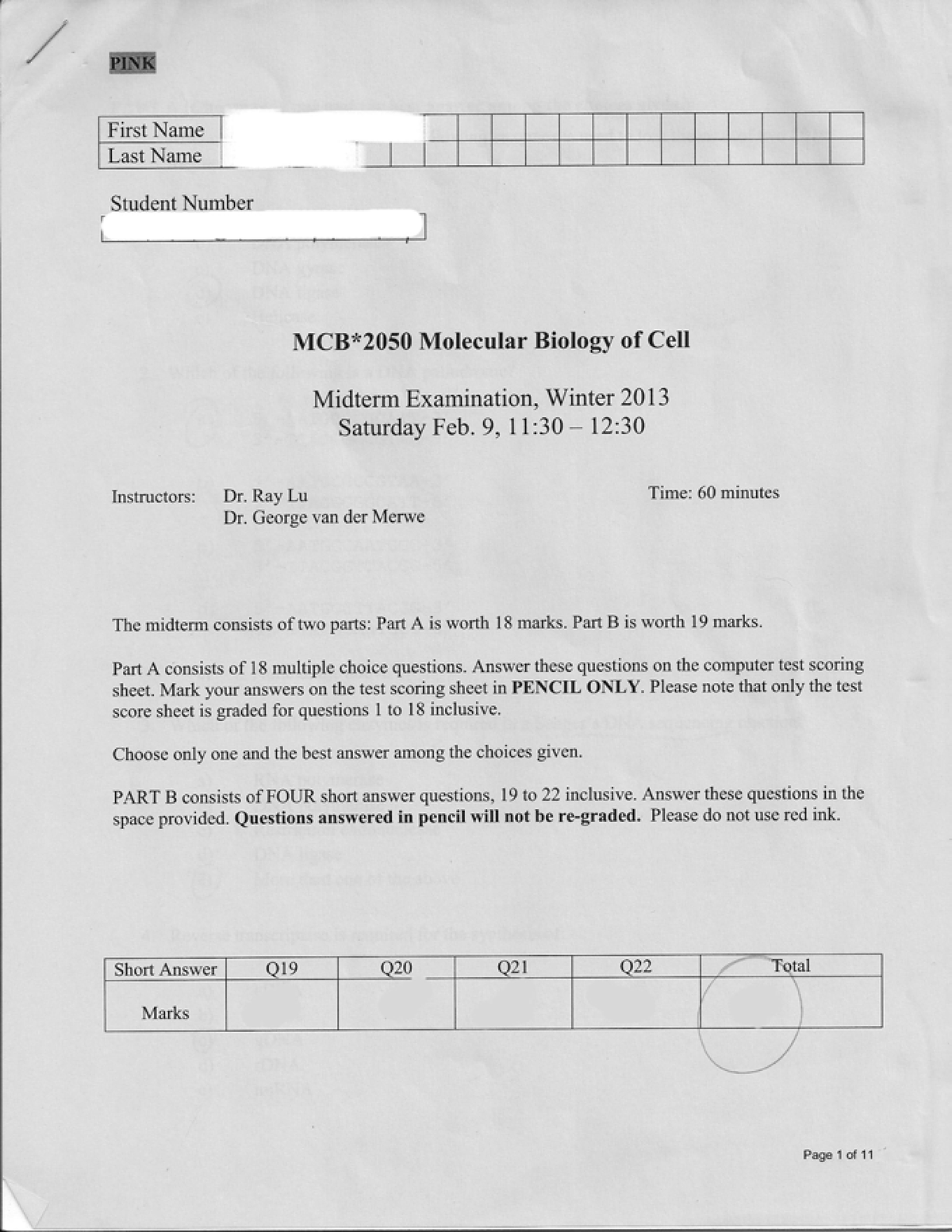 W13Midterm MCB*2050 Previous Midterm. 1 of 6 (PART A) GREY EXAM 1