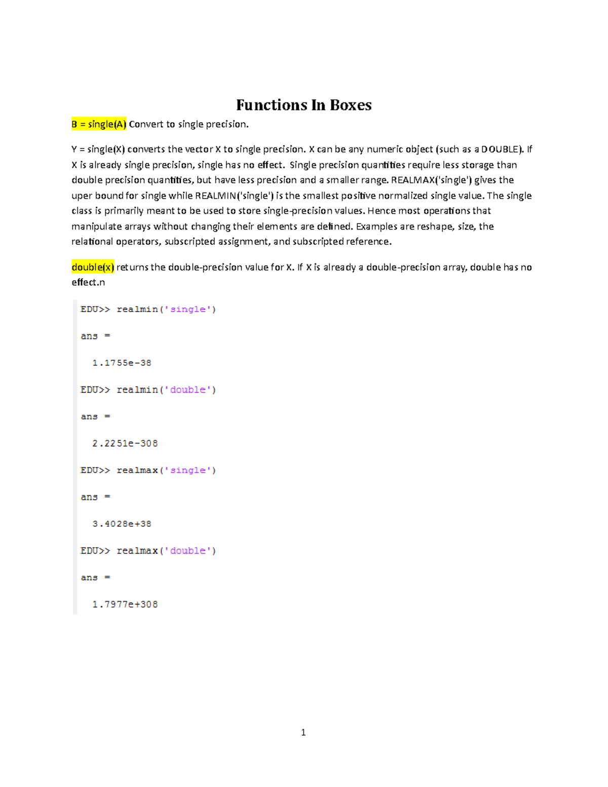 Matlab 1 - Summary CHE - Functions In Boxes B single(A) Convert to ...