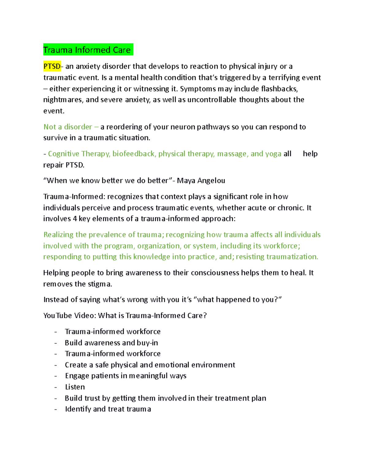 Lecture Notes 2-22-23 - Trauma Informed Care PTSD- an anxiety disorder ...