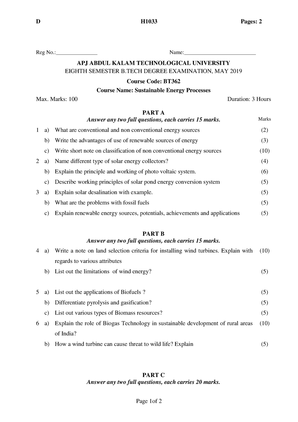 BT362SEP QP MAY19 Previous year question papers D H1033