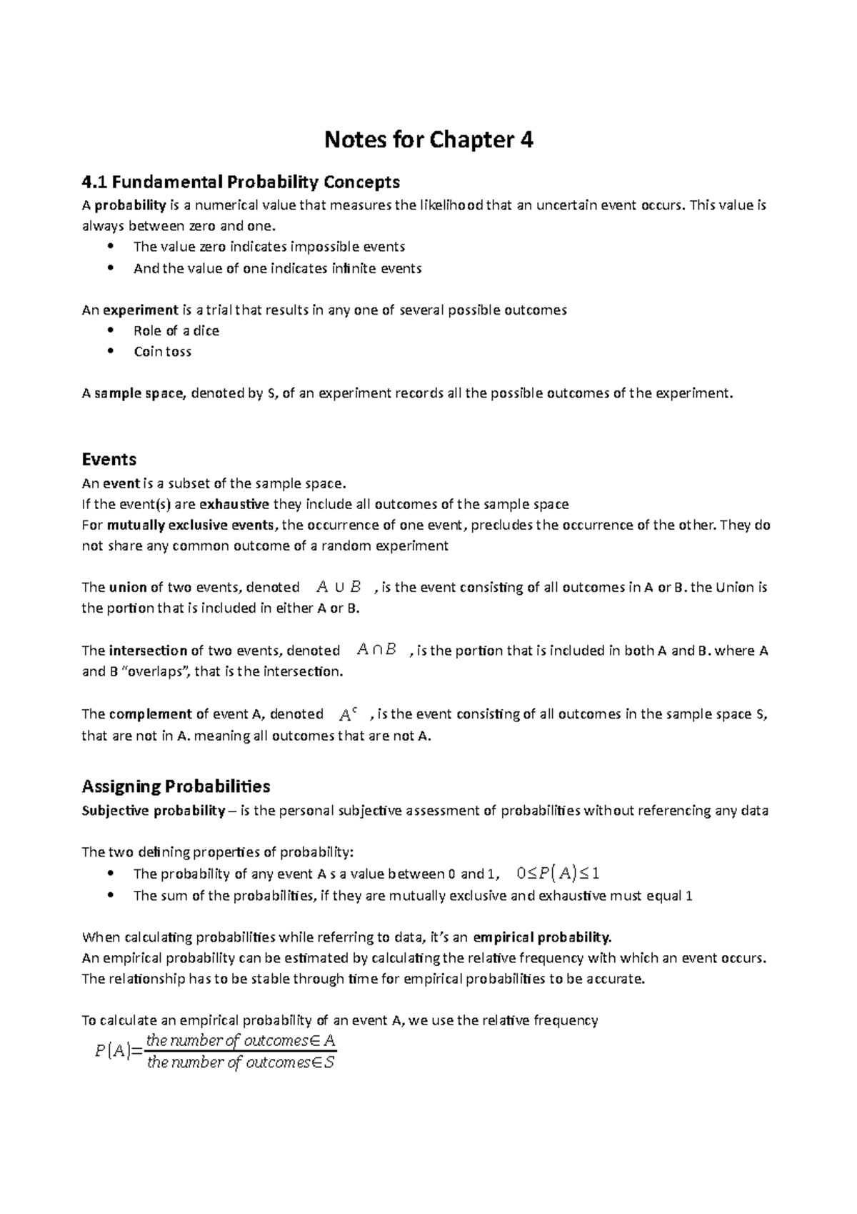 Notes for chapter 4 - Notes for Chapter 4 4 Fundamental Probability ...