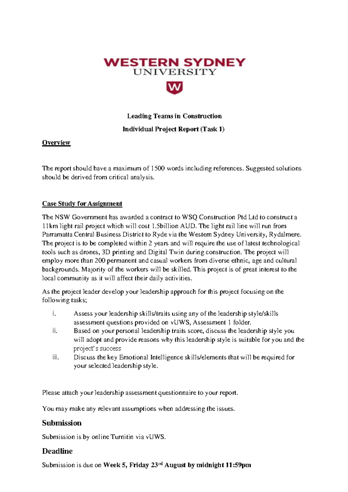 Assignment 1 Task 2024 - Overview Leading Teams in Construction ...