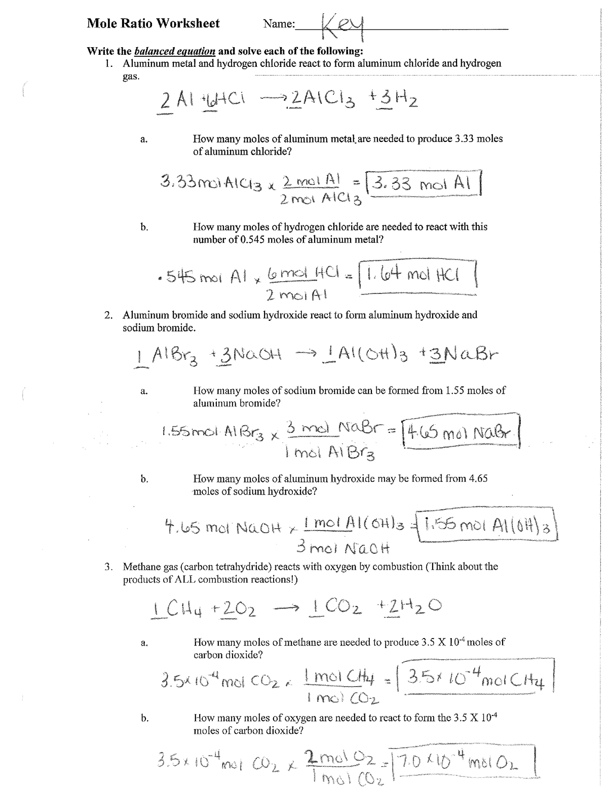 KEY - X Unit 8 Mole-Mole Conv. WS - Organic Chemistry - Studocu