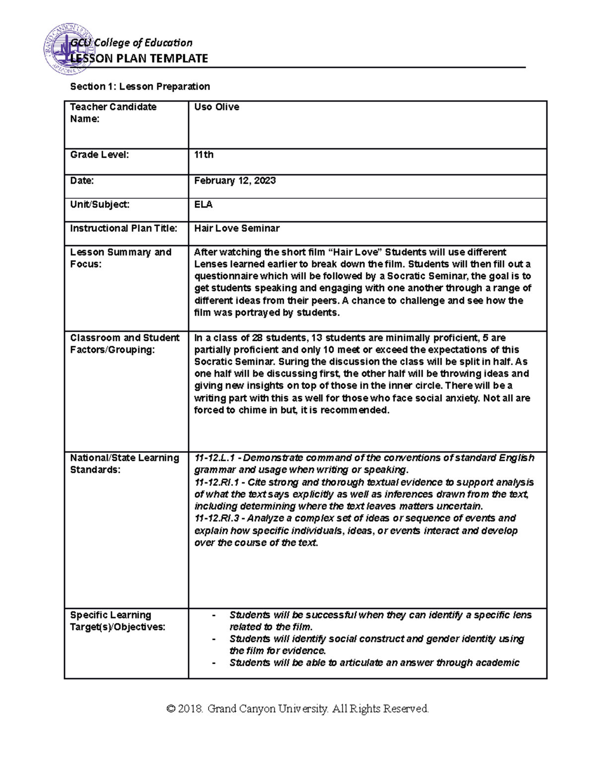 SEC-516 UOLesson Plan COE - LESSON PLAN TEMPLATE Section 1: Lesson ...