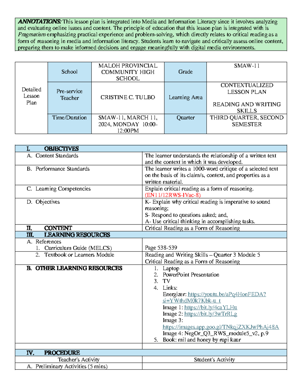 RWS-LP- Module 5 - This is an example of lesson plans I made ...