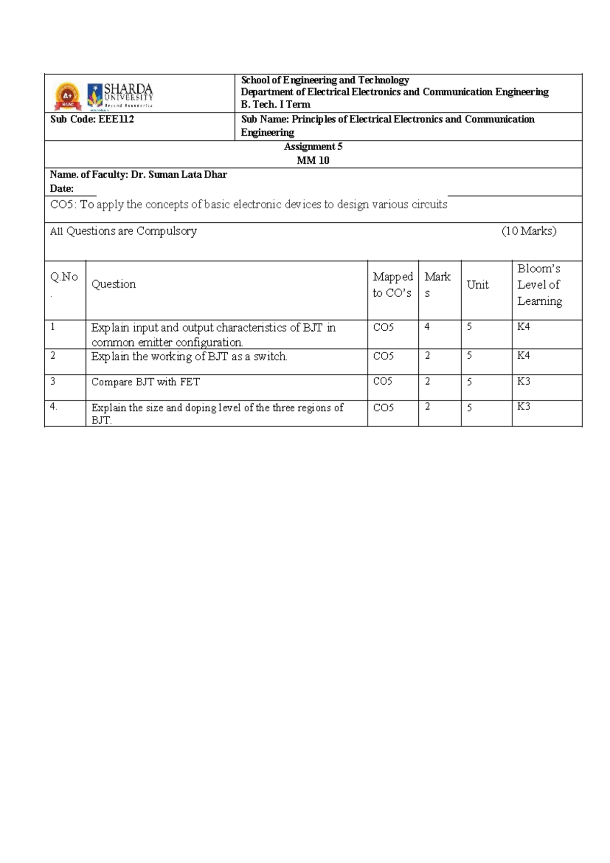 Assignment Unit 5 - eee112 - School of Engineering and Technology ...