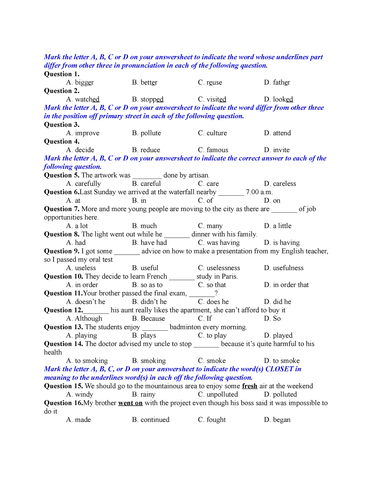 Đề 1 - đề 1 - Mark The Letter A, B, C Or D On Your Answersheet To ...