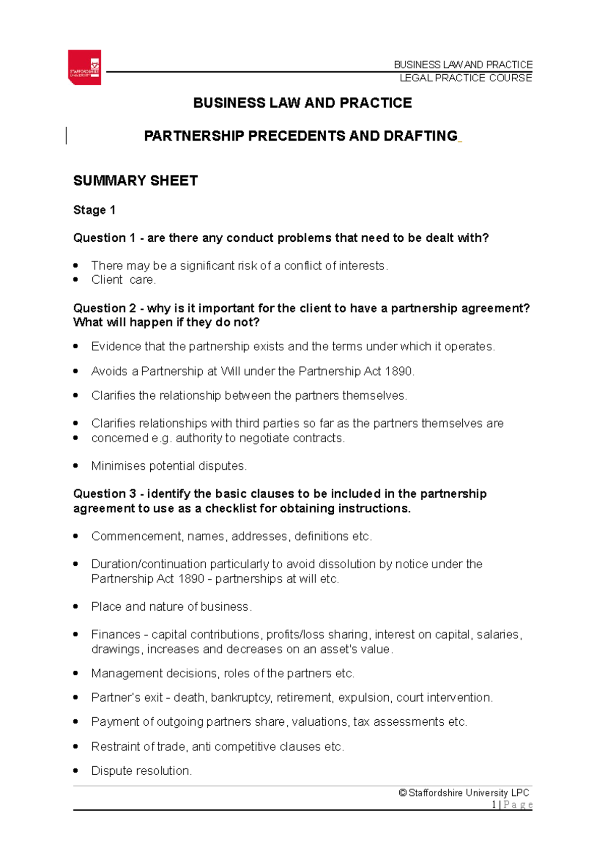 Summary Sheet BL 202223 LEGAL PRACTICE COURSE BUSINESS LAW AND