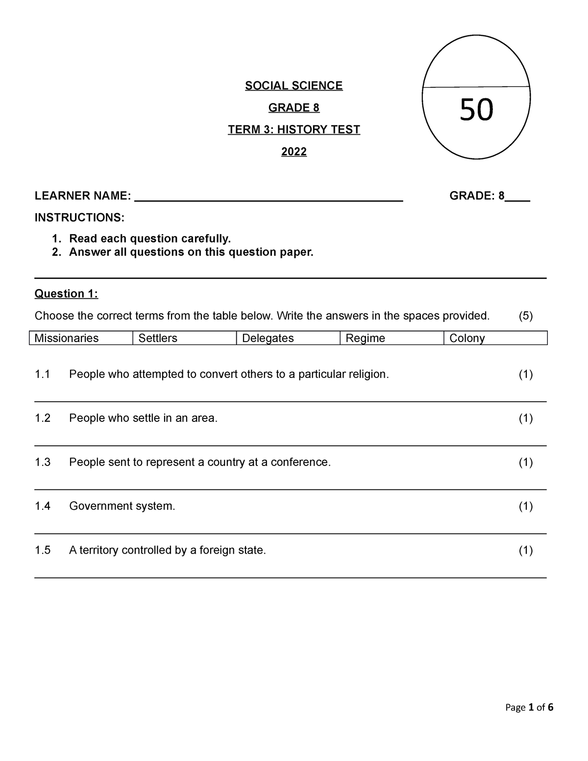 Gr8 T33 Sept Hist Test Resource-1 - SOCIAL SCIENCE GRADE 8 TERM 3 ...