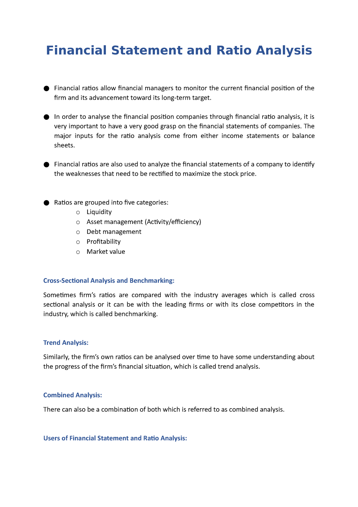 Class Note Ratio Analysis Principles Of Marketing Mkt201 Studocu