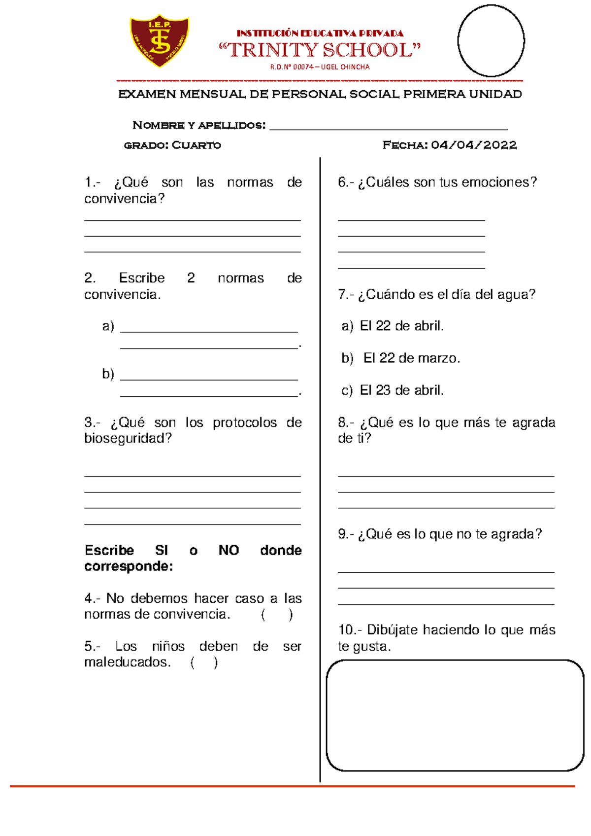 Lunes Examen de Personal Social - INSTITUCIÓN EDUCATIVA PRIVADA ...