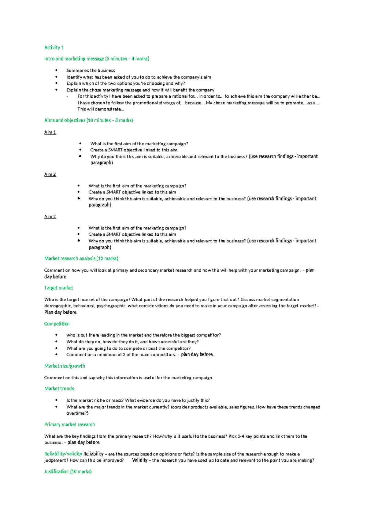 My own help sheet unit 2 - okay - Activity 1 Intro and marketing ...