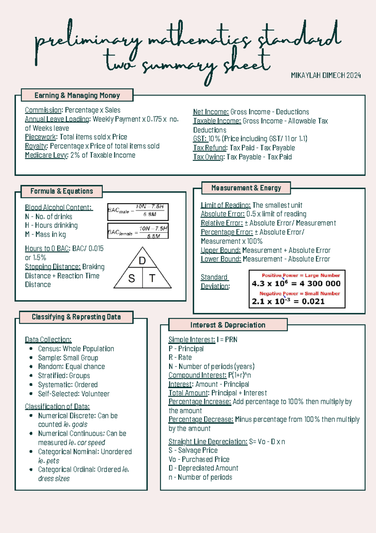 Preliminary Summary Sheet - Classifying & Represting Data Formula ...