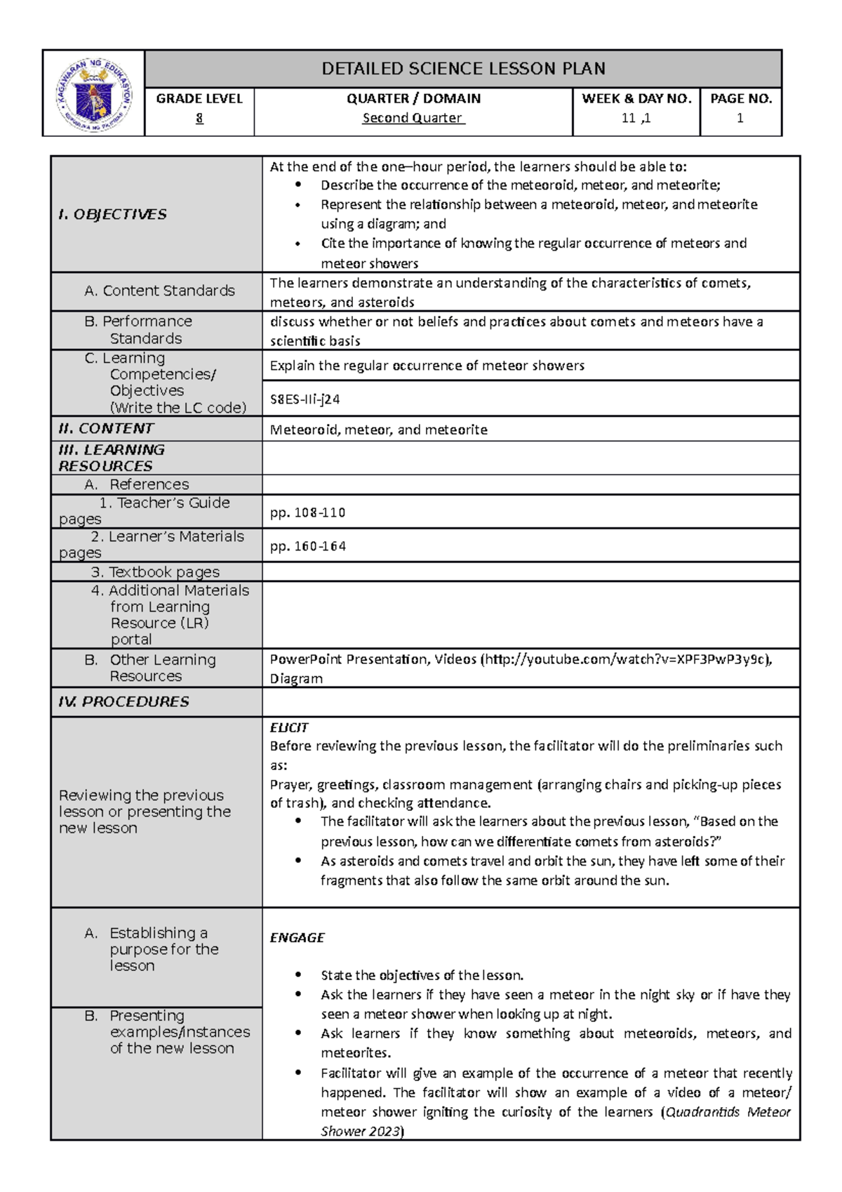 CO 1 Meteoroids LP - This Is A Sample Lesson Plan For Science Grade 8 ...