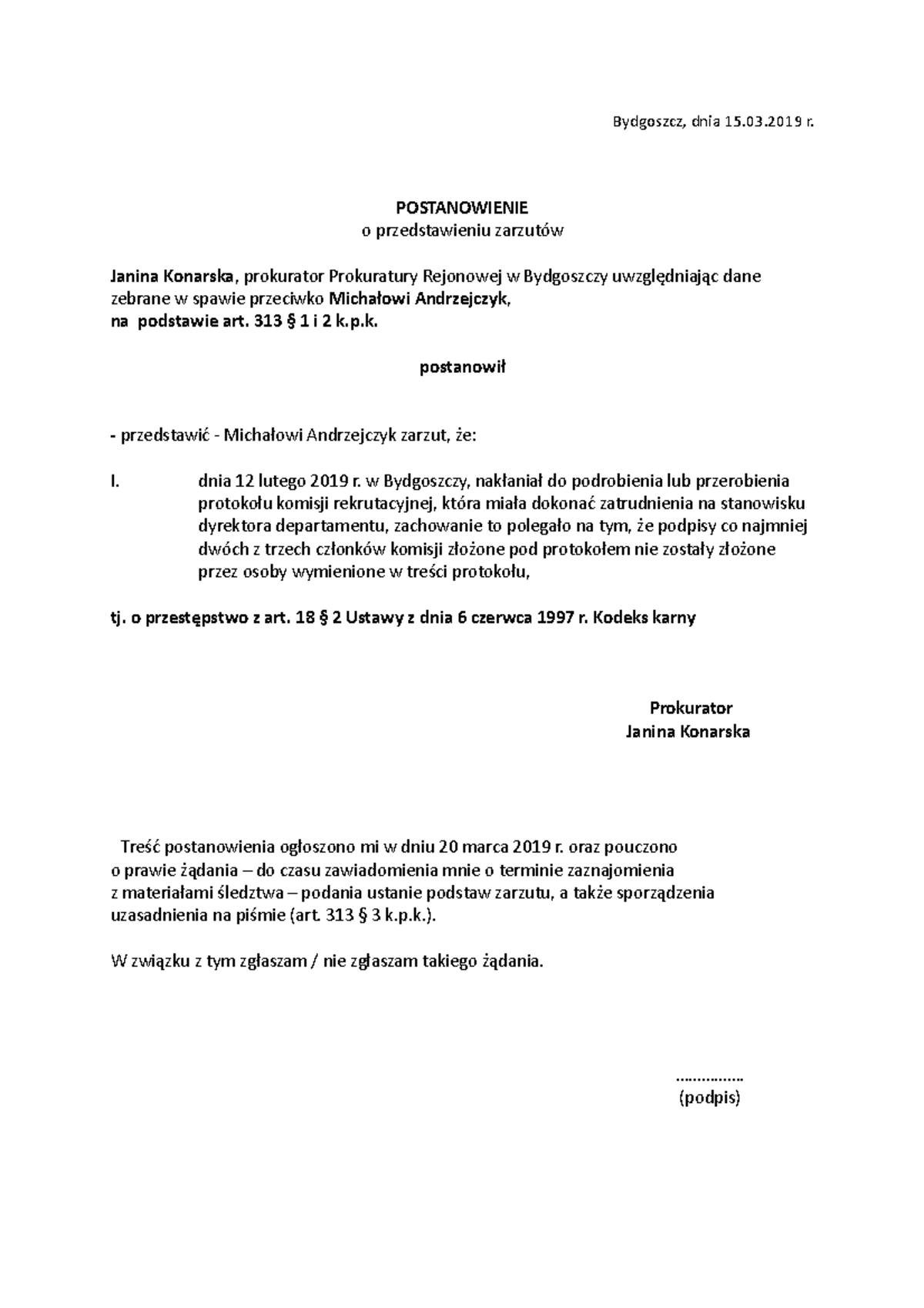 Postanowienie O Przedstawieniu Zarzutu Bydgoszcz Dnia 15 03 R 
