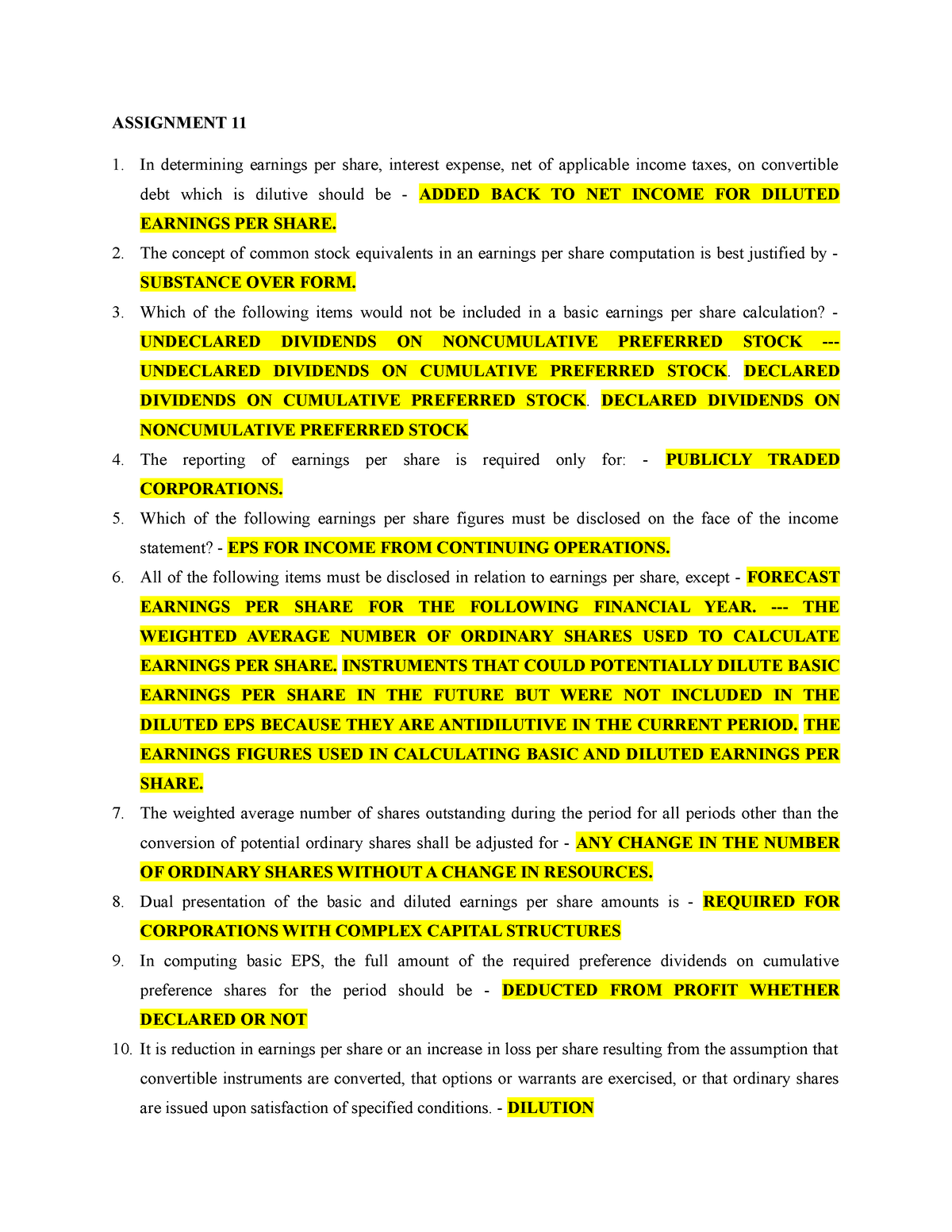 Assignment 11 - ASSIGNMENT 11 In determining earnings per share ...