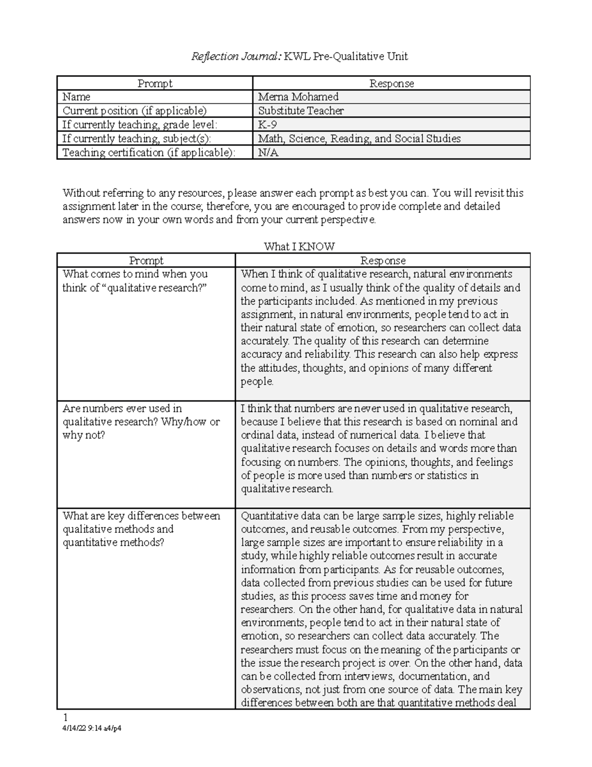 KWL Qualitative Assessment - EDUC 5397 - UT Arlington - Studocu