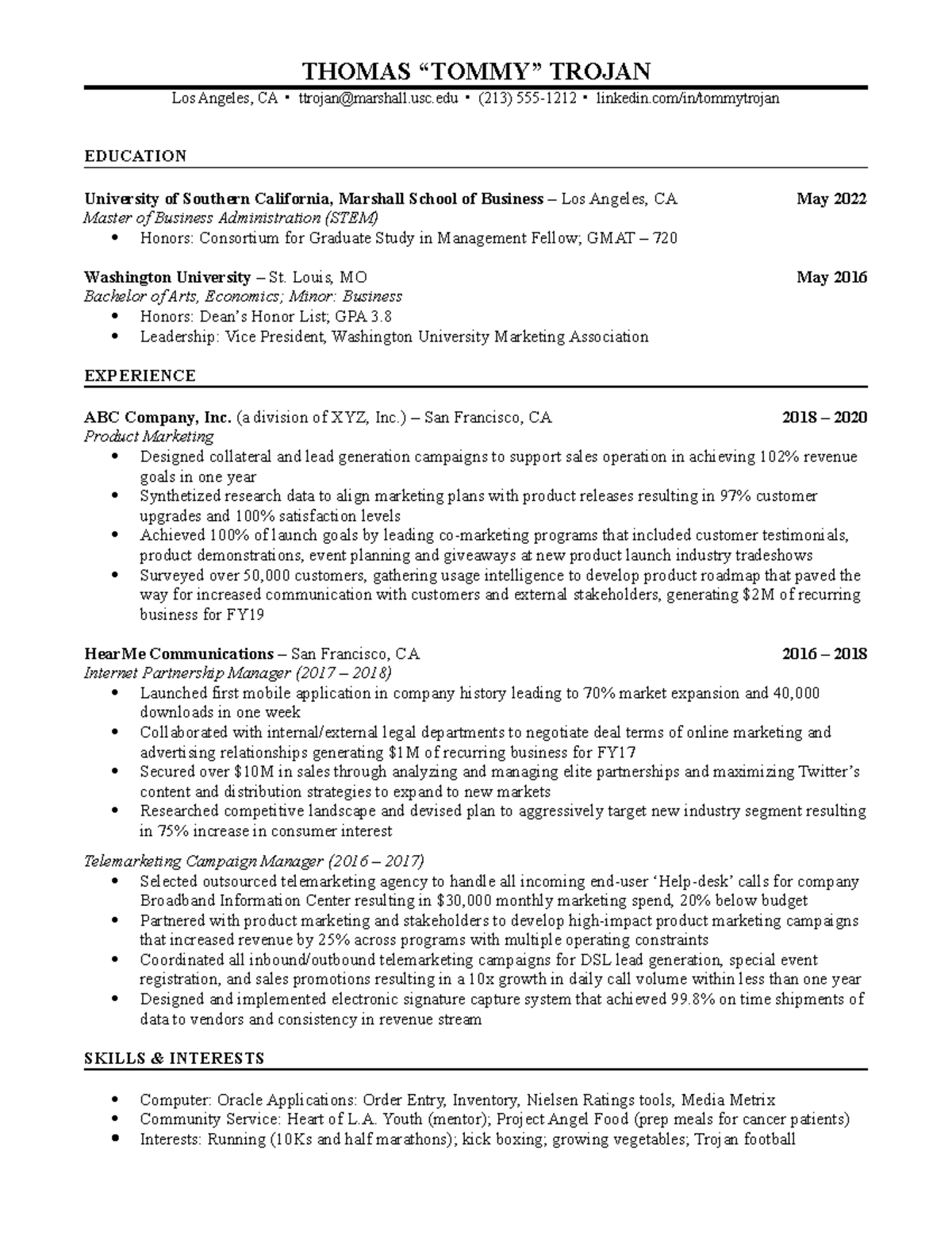 MBA Tommy Trojan Resume Template - THOMAS “TOMMY” TROJAN Los Angeles ...