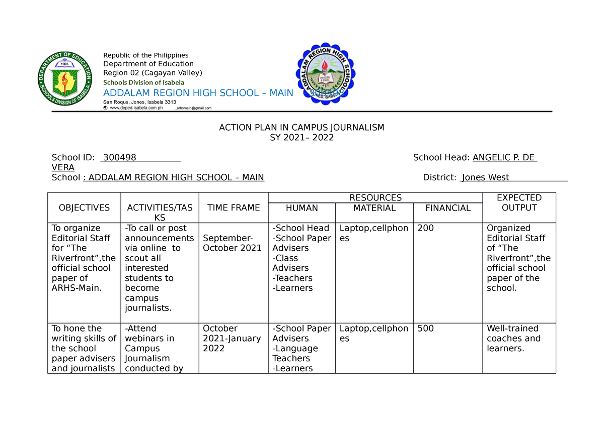 Action PLAN in Campus Journalism - Republic of the Philippines ...