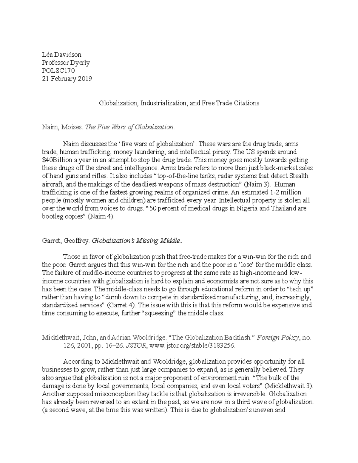 Globalization, Industrialization, and Free Trade Citations - The Five ...