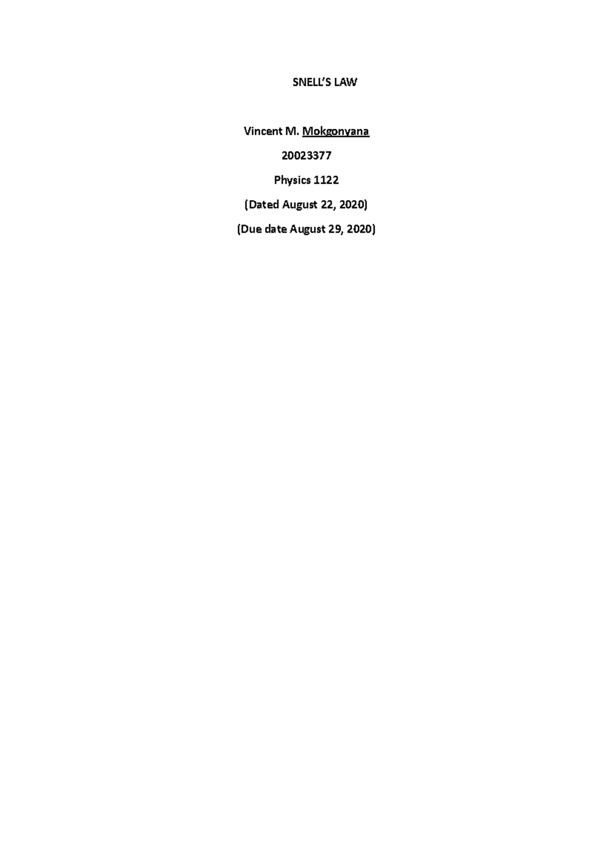 snell's law lab report, 96022555 Physics SNELL’S LAW Vincent M