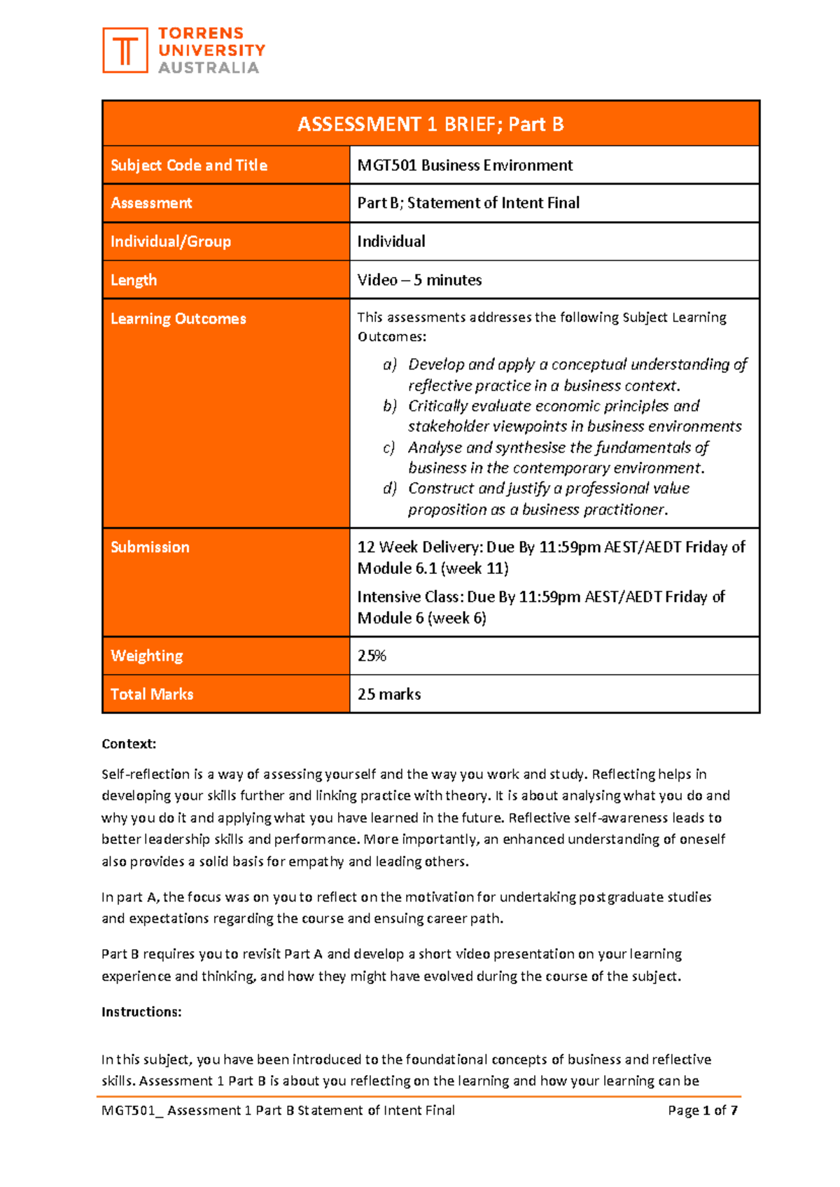 MGT501 Assessment 1 Part B Brief - MGT501_ Assessment 1 Part B ...