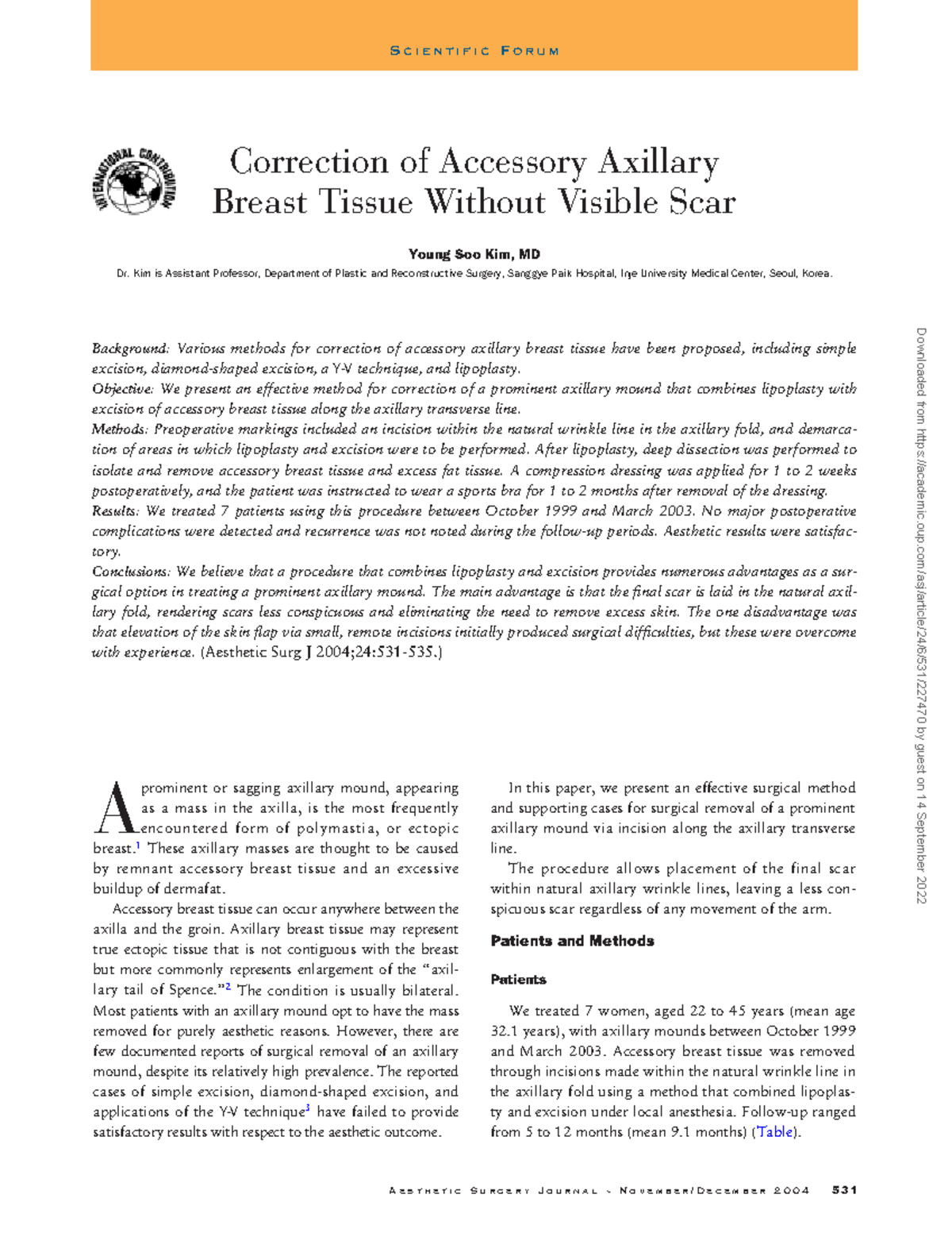 Correction of Accessory Axillary Breast Tissue Without Visible Scar