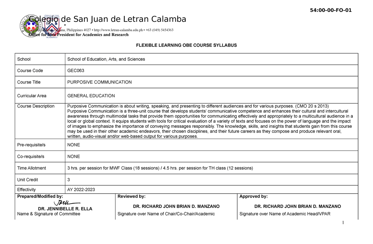 GEC 063 syllabus - A sample project plan - Colegio de San Juan de ...