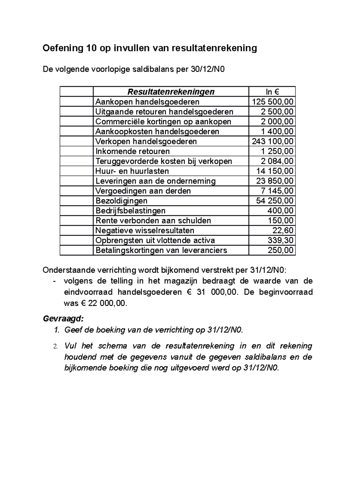 Oefening 10 (opgave) - Oefening 10 Op Invullen Van Resultatenrekening ...